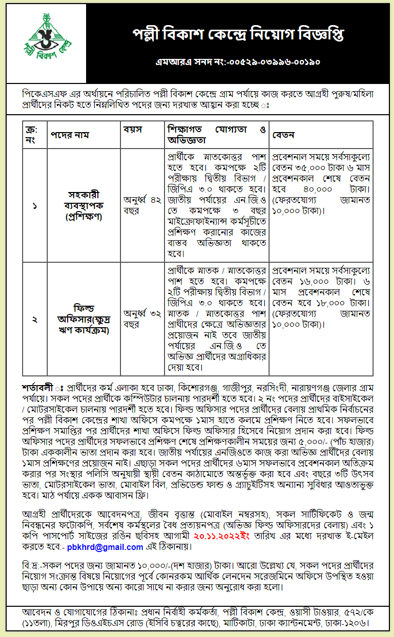 Pally Bikash Kendra Job Circular 